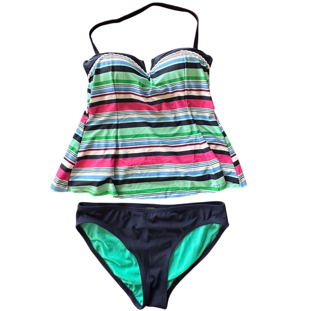 Urban Sea Womens Size M Striped Tankini Swimsuit Set Navy Blue Pink Green Halter